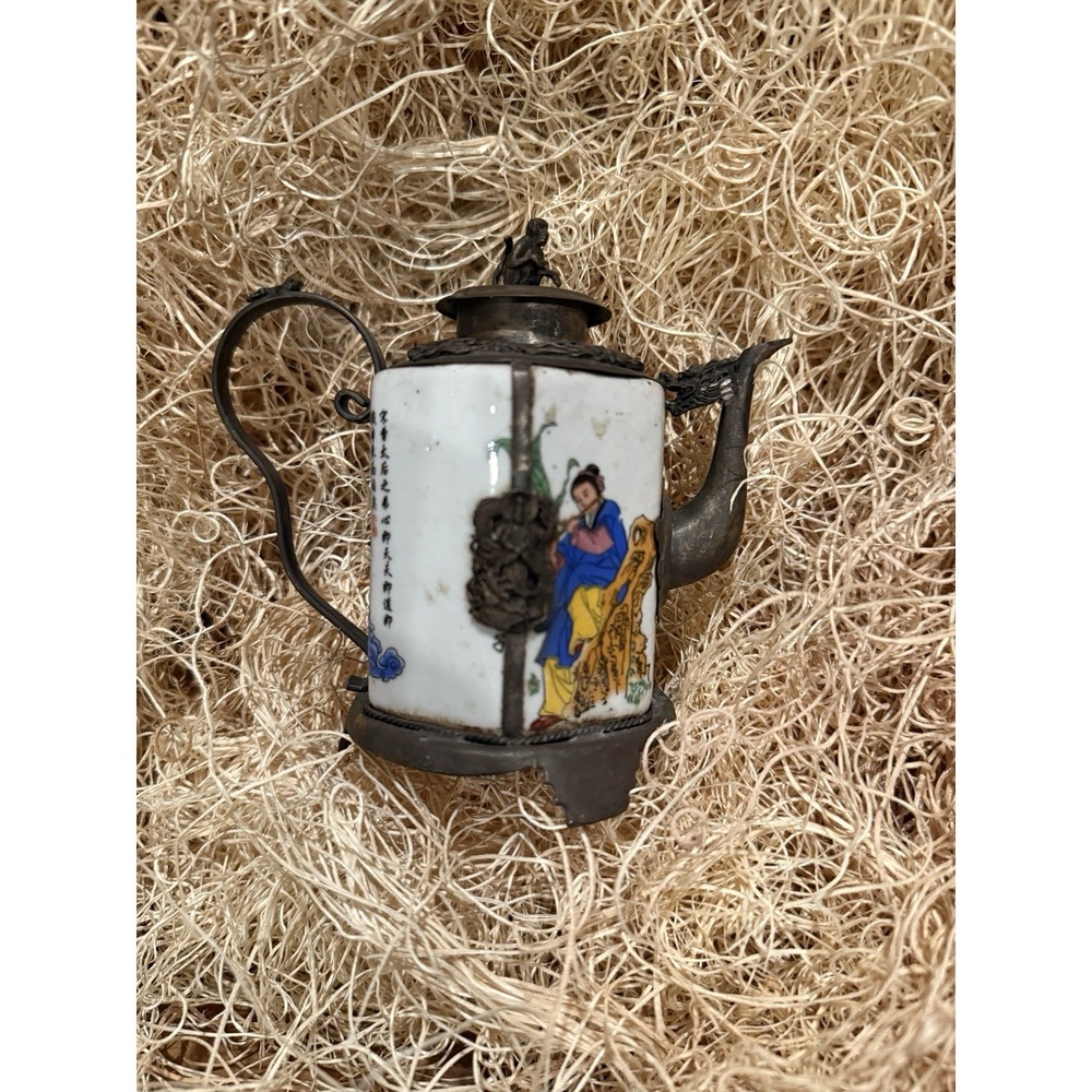 Antique Chinese Enamel Cloisonné Teapot with Immortal Figures + Dragon Motif